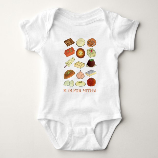 M is for MITHAI Indian Sweets Confectionery Food Baby Bodysuit (Front)