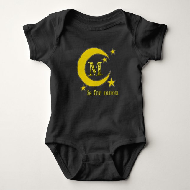 M is for Moon Yellow Crescent Night Sky Stars ABCs Baby Bodysuit (Front)