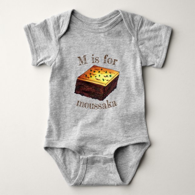 M is for Moussaka Greek Mediterranean Food Baby Bodysuit (Front)