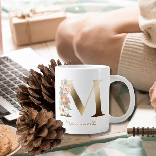 M Letter Gold Monogram Burnt Orange Florals Large Coffee Mug