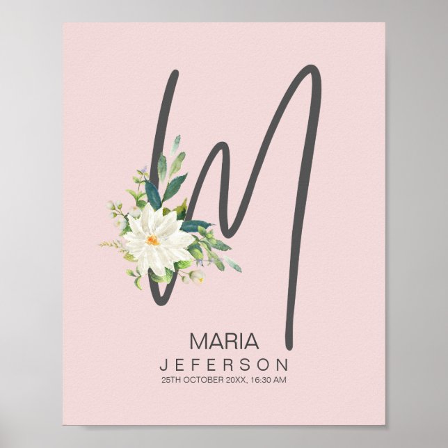 M Letter Monogram Blush Floral Decor (Front)