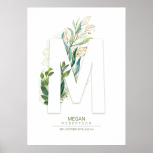 M Letter Monogram Gold Greenery Foliage Chic Poster