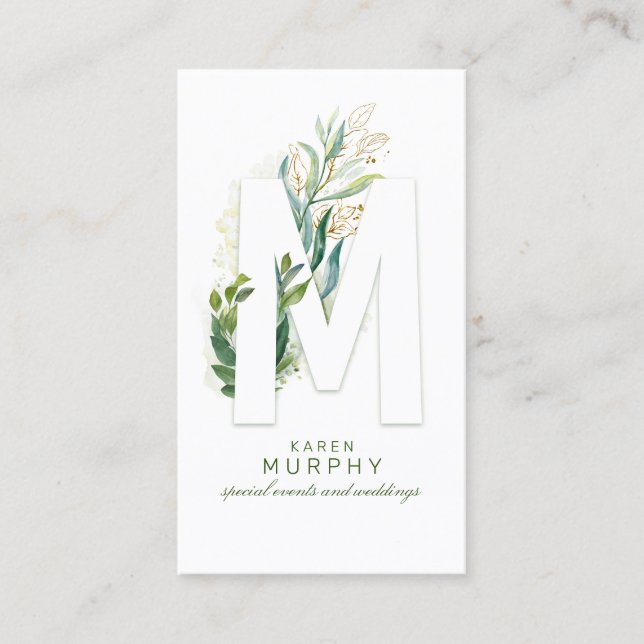 M Letter Monogram Gold Greenery Leaves Elegant Business Card (Front)