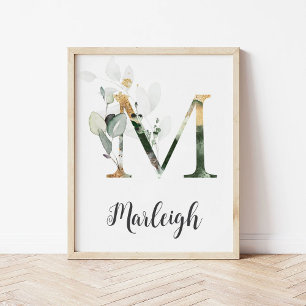M Letter Monogram Greenery Nursery Name Wall Print