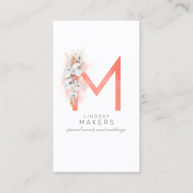 M Letter Monogram White Orchids and Pampas Grass Business Card (Front)