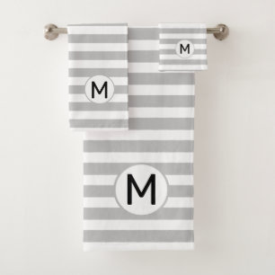 M letter on Silver Grey & White Striped Bath Towel Set