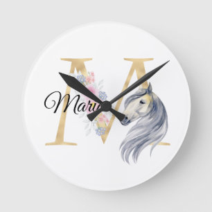 M letter personalised name monogram with horse round clock