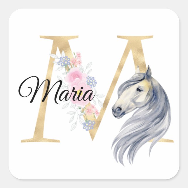 M letter personalised name monogram with horse  square sticker (Front)