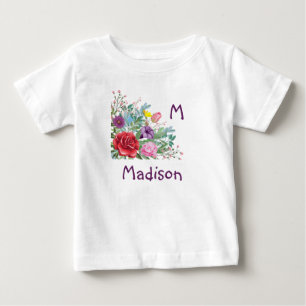 M Madison Personalize Initial Name, Rose Flowers Baby T-Shirt