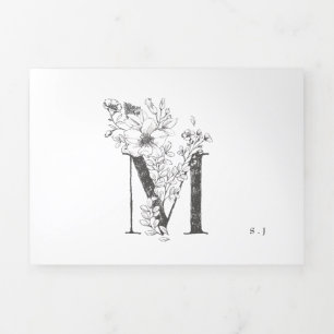'M' Monogram Beautiful Sketched Floral Wedding Tri-Fold Invitation