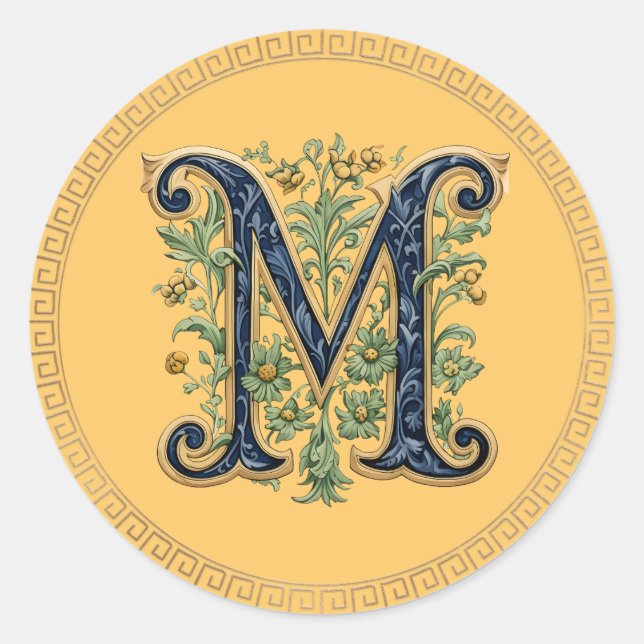 M monogram blue-gold flower classic round sticker (Front)