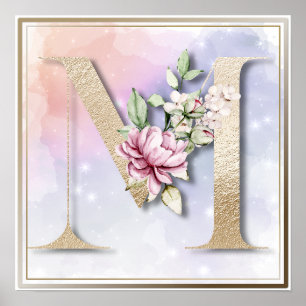 M Monogram Burgundy Floral Poster