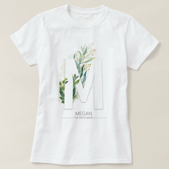 M Monogram Gold Greenery Leaves Elegant T-Shirt (Design Front)