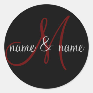 "M" monogram label, personalise first names Classic Round Sticker