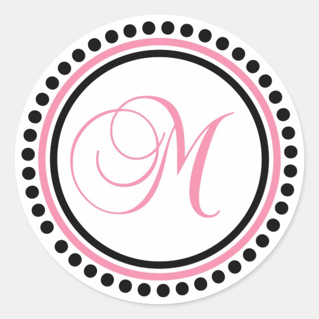 M Monogram (Light Pink / Black Dot Circle) Classic Round Sticker (Front)