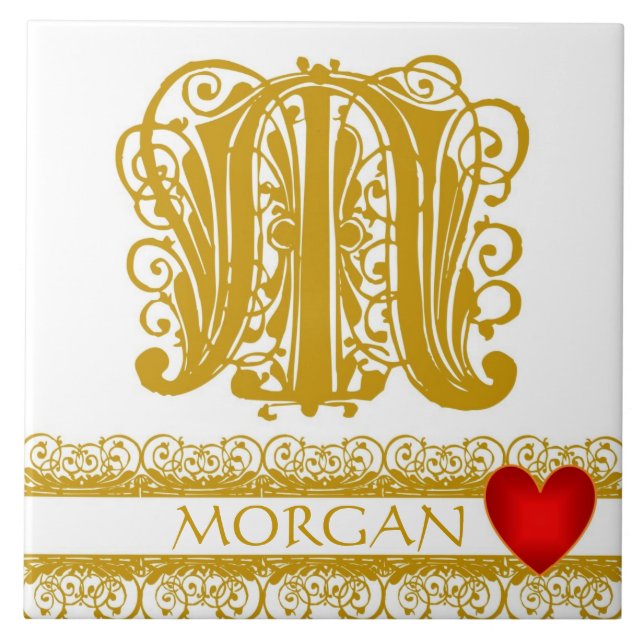 M Monogram Name Gold Lace Red Heart Template Tile (Front)