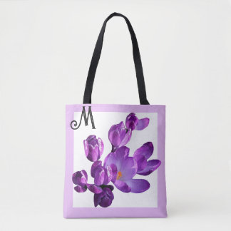 M monogram pretty purple crocus floral beautiful tote bag