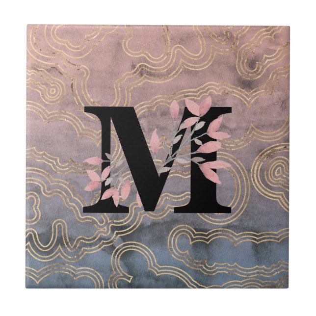 M Monogram w/Pink Floral Sprays on Waves Bckgrnd Ceramic Tile (Front)