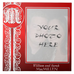 M Monogram "White Lace on Red" with Photo - Tile