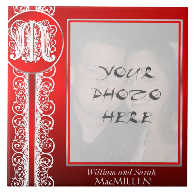 M Monogram "White Lace on Red" with Photo - Tile (Front)