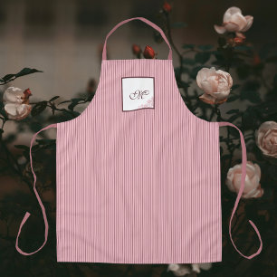 M Pink Stripe Rose Pattern Initial Script Monogram Apron
