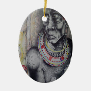 Maasai Mother and Child with Lion Art Print/Graphi Ceramic Tree Decoration