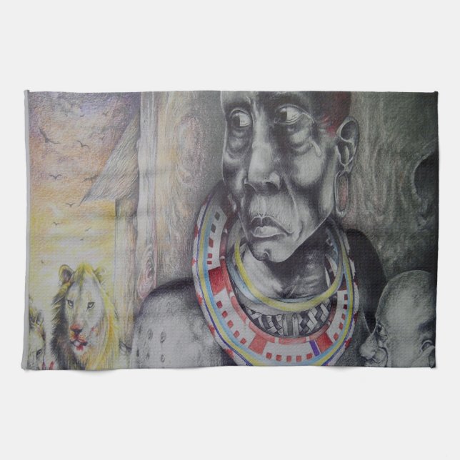 Maasai Mother and Child with Lion Art Print Tea Towel (Horizontal)