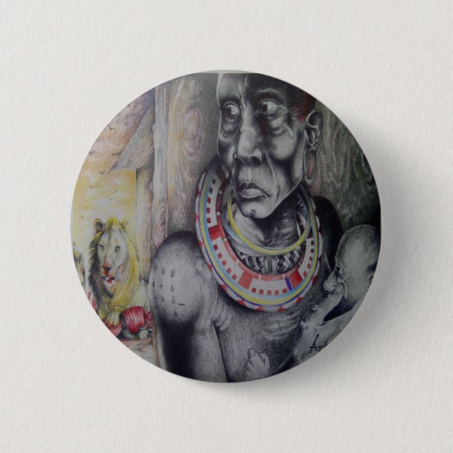 Maasai Mother & Child with Lion Art Print/Graphic 6 Cm Round Badge (Front)