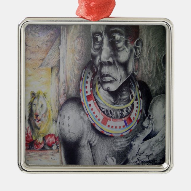 Maasai Mother & Child with Lion Art Print/Graphic Metal Ornament (Front)
