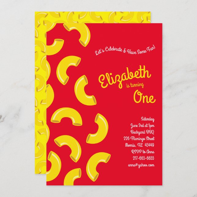 Mac and Cheese Kid 1st Birthday Party Macaroni Invitation (Front/Back)