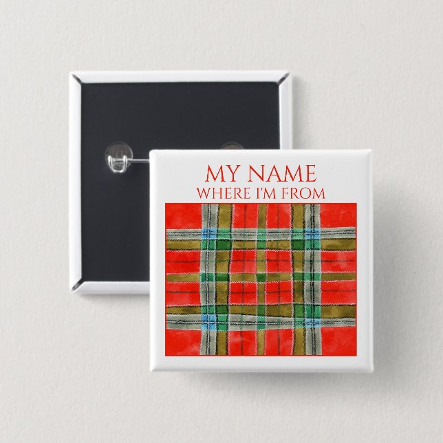 MAC BAIN TARTAN Square Name Tag Pin Button (Front & Back)