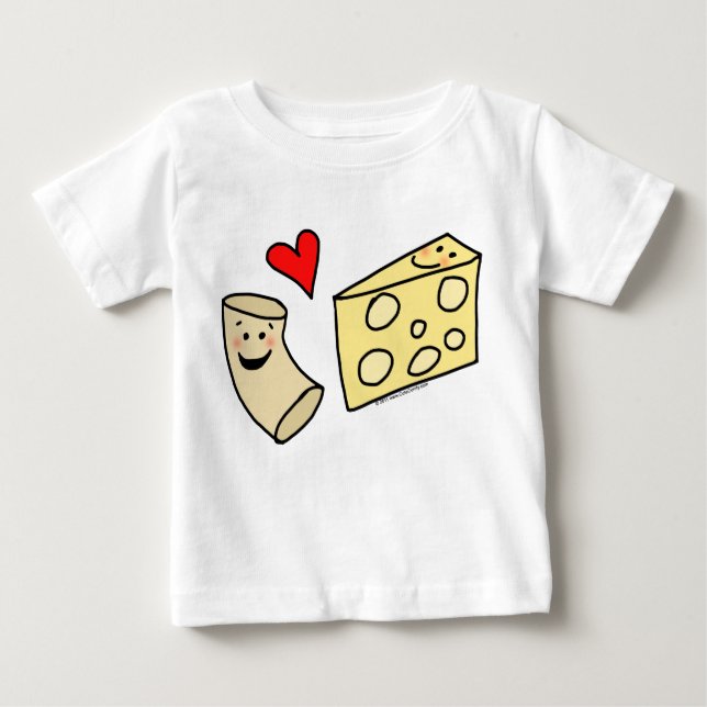 Mac Loves Cheese, Funny Cute Macaroni + Cheese Baby T-Shirt (Front)