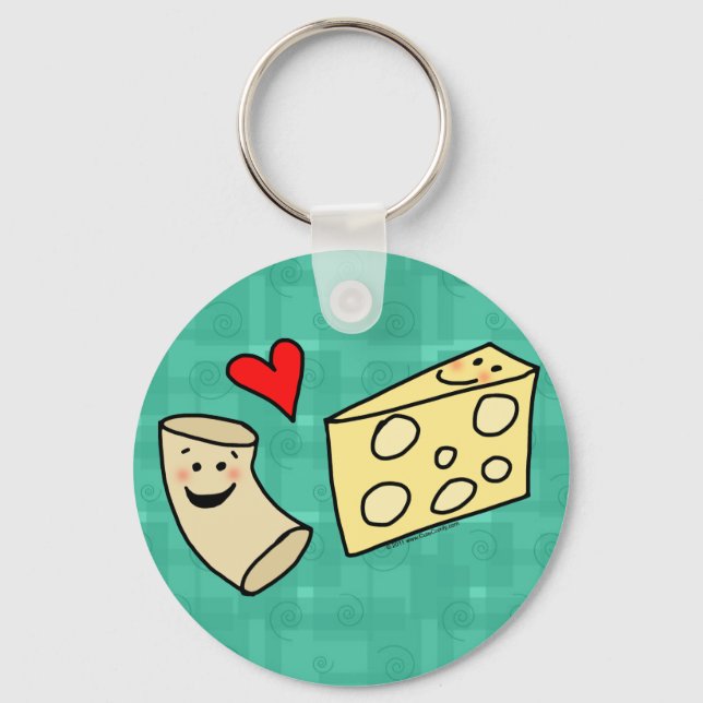 Mac Loves Cheese, Funny Cute Macaroni + Cheese Key Ring (Front)