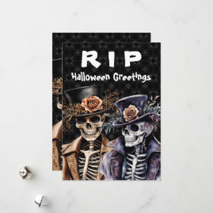 Macabre Orange & Purple Watercolor Skeleton Holiday Card