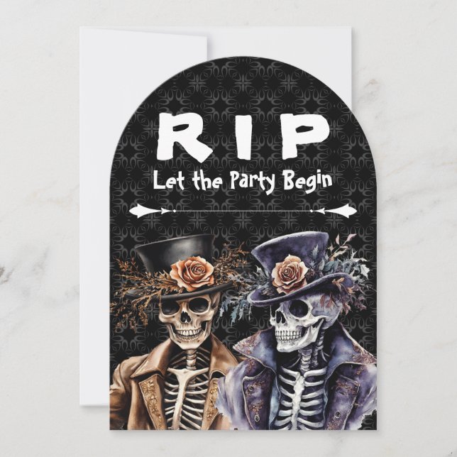 Macabre Orange & Purple Watercolor Skeleton Invitation (Front)