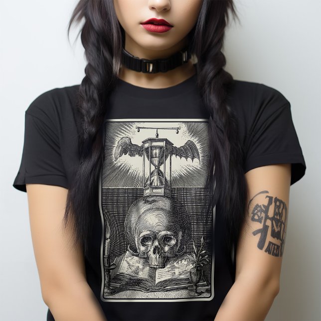 Macabre Skull Mediaeval Tarot Victorian Gothic T-Shirt (A memento mori gothic t shirt design with all the elements of poignant gothic reflection.)