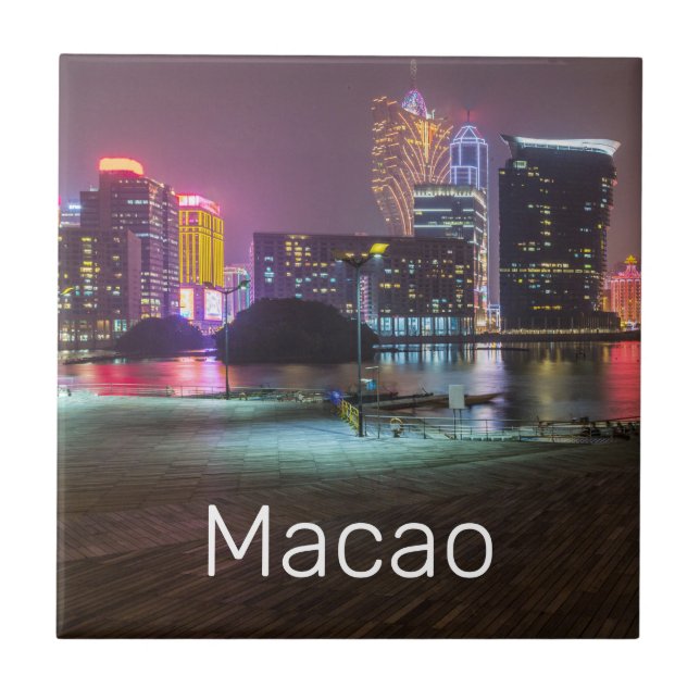 Macao Casino Skyline Panorama China Nighttime Ceramic Tile (Front)