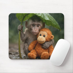 Macaque Monkey with a Stuffed Orangutan Mouse Pad