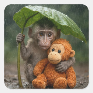 Macaque Monkey with Orange Orangutan Square Sticker