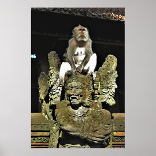 Macaque on a Temple Statue Poster