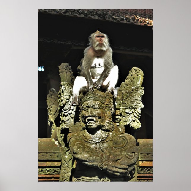 Macaque on a Temple Statue Poster (Front)