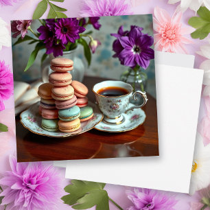 Macaron, Coffee and Vase of Purple Flowers Card