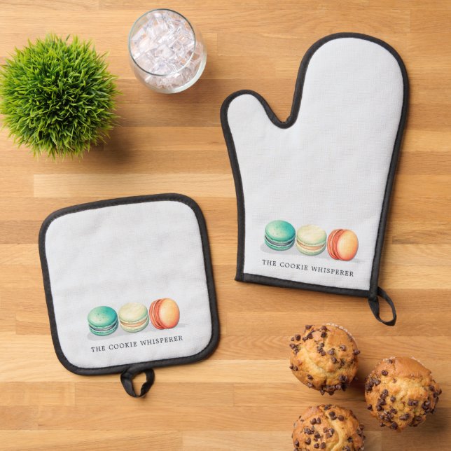 Macaron Cookies Home Baker Gift Idea Oven Mitt & Pot Holder Set (Top Down)