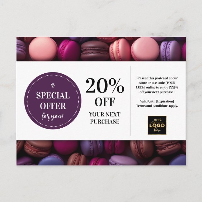 Macarons Bakery Baker Custom Coupon Discount Postcard (Front)
