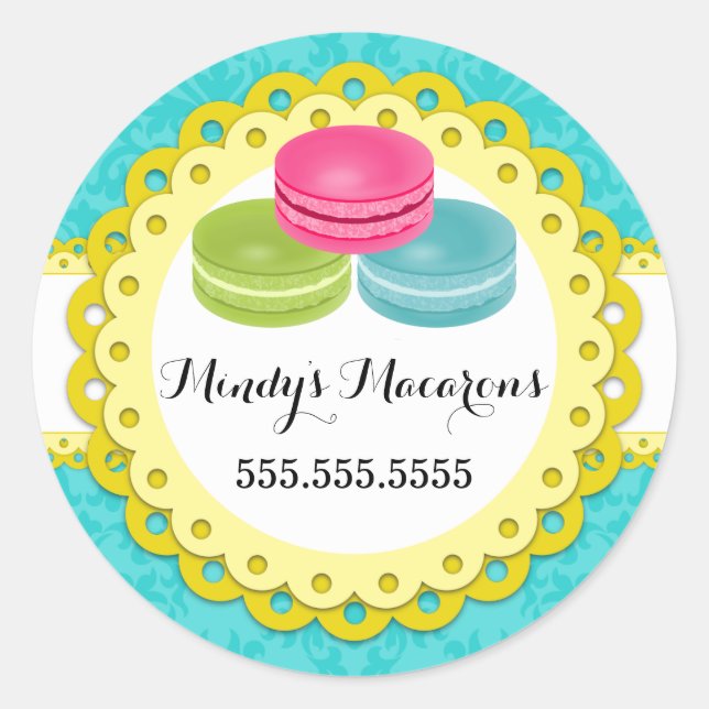 Macarons Bakery Damask Yellow Scallop Seals (Front)