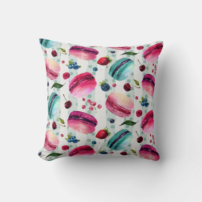Macarons French Pastry With Berries And Polka Dots Cushion (Front)