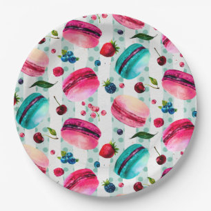 Macarons French Pastry With Berries And Polka Dots Paper Plate