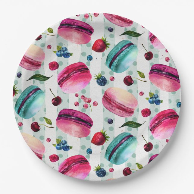 Macarons French Pastry With Berries And Polka Dots Paper Plate (Front)