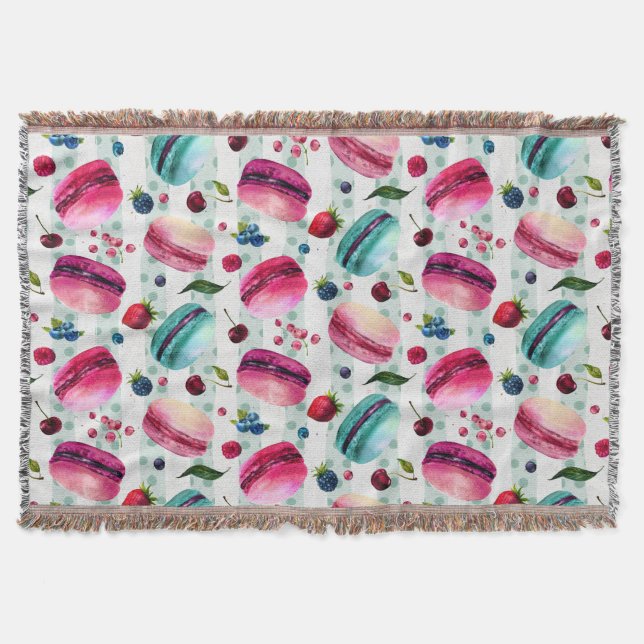 Macarons French Pastry With Berries And Polka Dots Throw Blanket (Front)