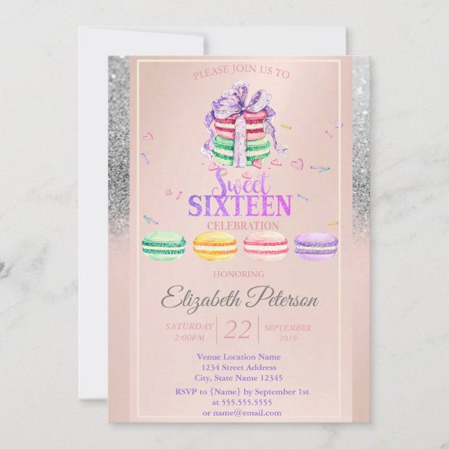 Macarons Silver Glitter Bokeh Sweet 16 Party Invitation (Front)